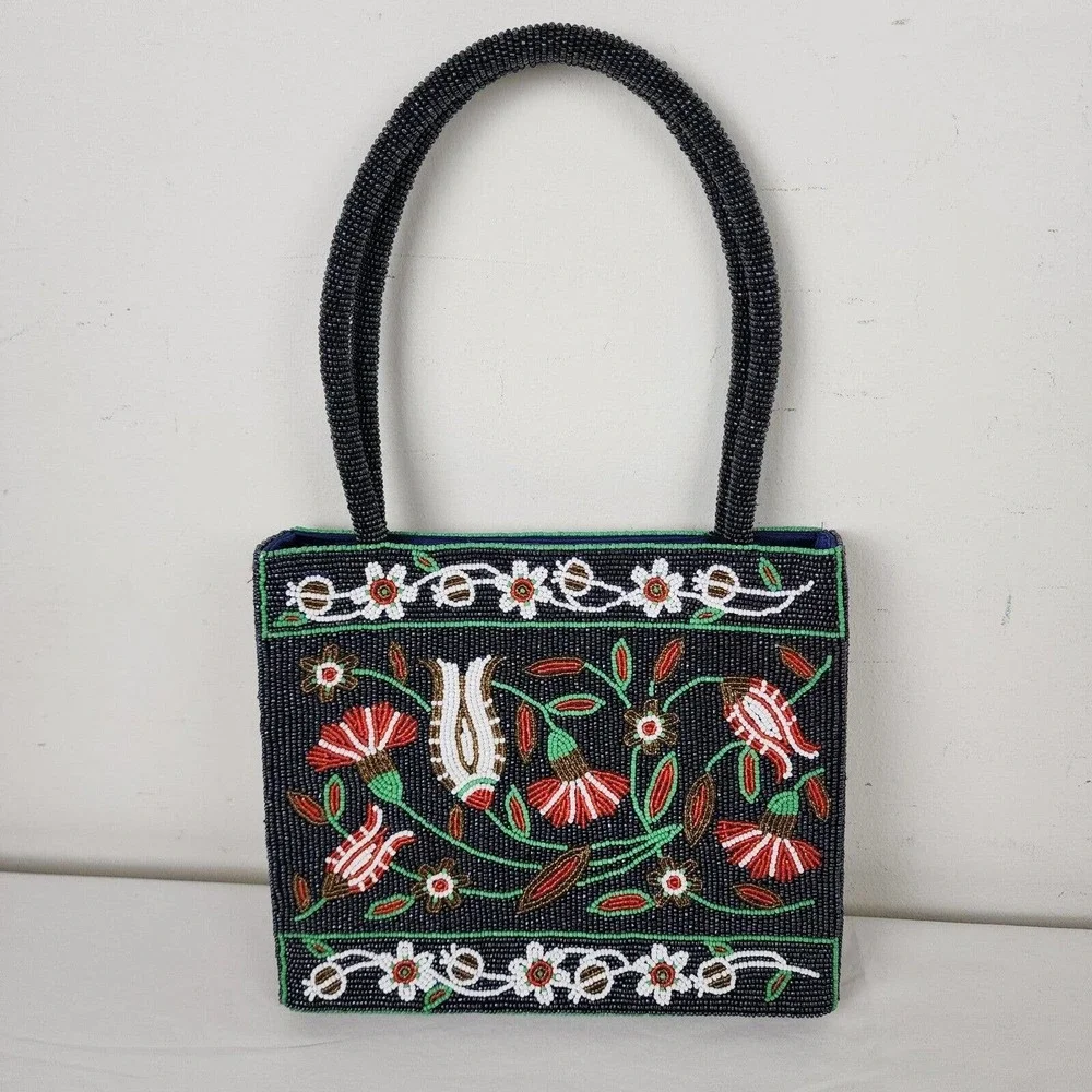Vintage Handbag Glass Seed Beaded Floral Purse Black Red Flower Vietnamese - Picture 3 of 11